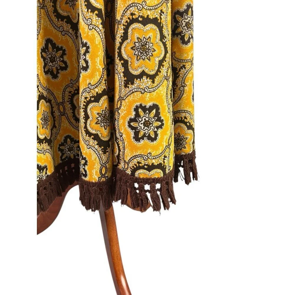 Vtg Midi Full Skirt Yellow Brown Tassels Waist 60s 70s Retro Talon Zipper